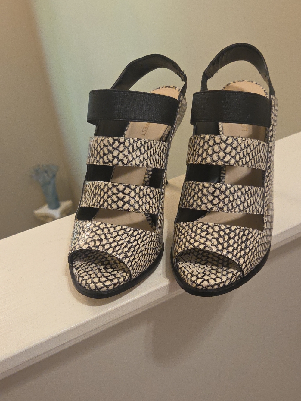 Nine West Black and Cream Snake-Print Wedge Sandals